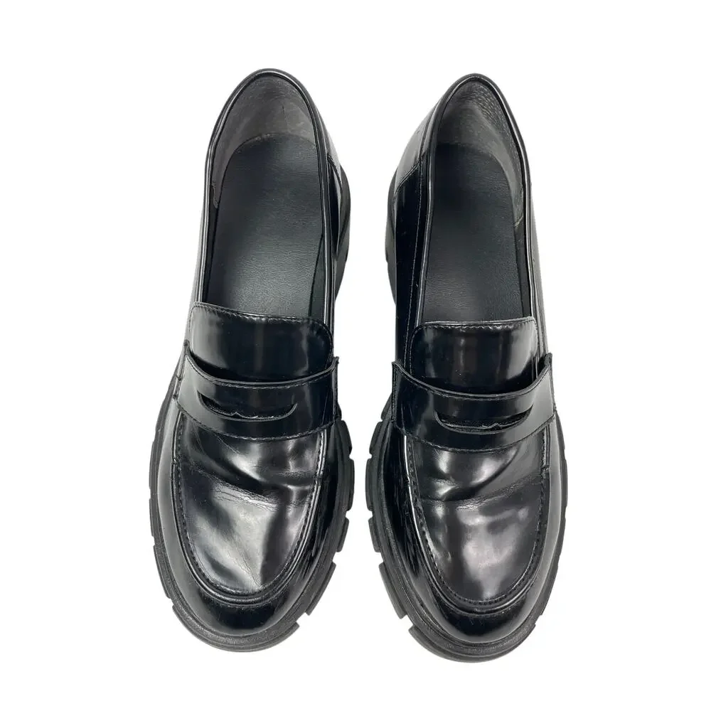Crown Vintage Women's Black Leather Slip On Chunky Platform Loafer Shoes Sz 7.5